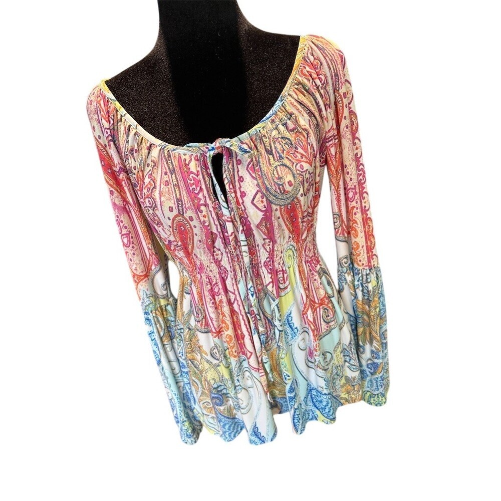 Boston Proper Blouse Womens XS Multicolor Paisley Boho Tunic Bell Sleeve - Picture 2 of 8